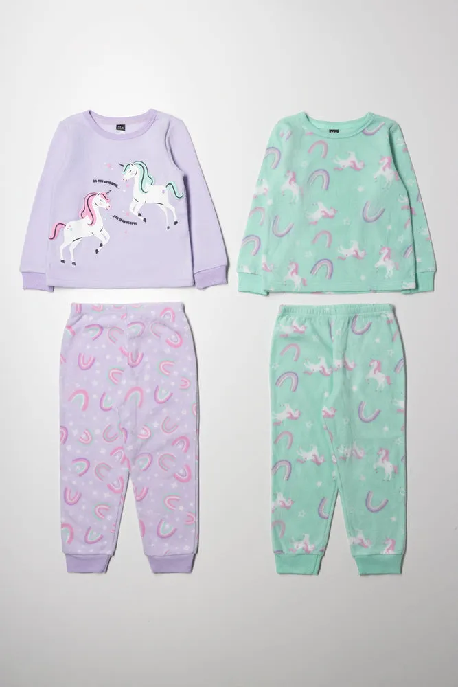 2 Pack Unicorn Pyjamas Purple & Green