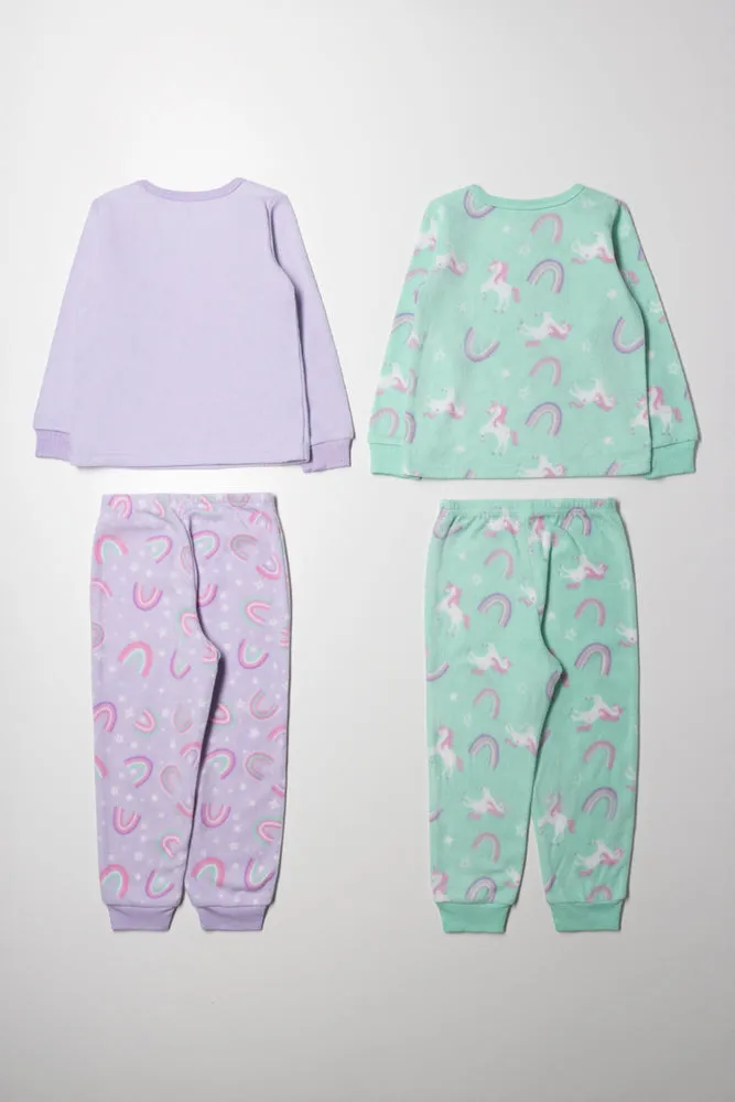 2 Pack Unicorn Pyjamas Purple & Green