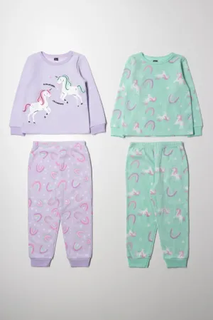 2 Pack Unicorn Pyjamas Purple & Green