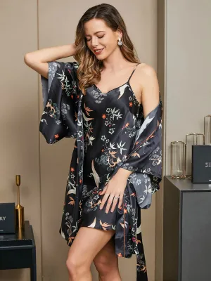 2Pcs Moerbei Zijde Crane Gedrukt Belted Nachthemd&Kamerjas Set