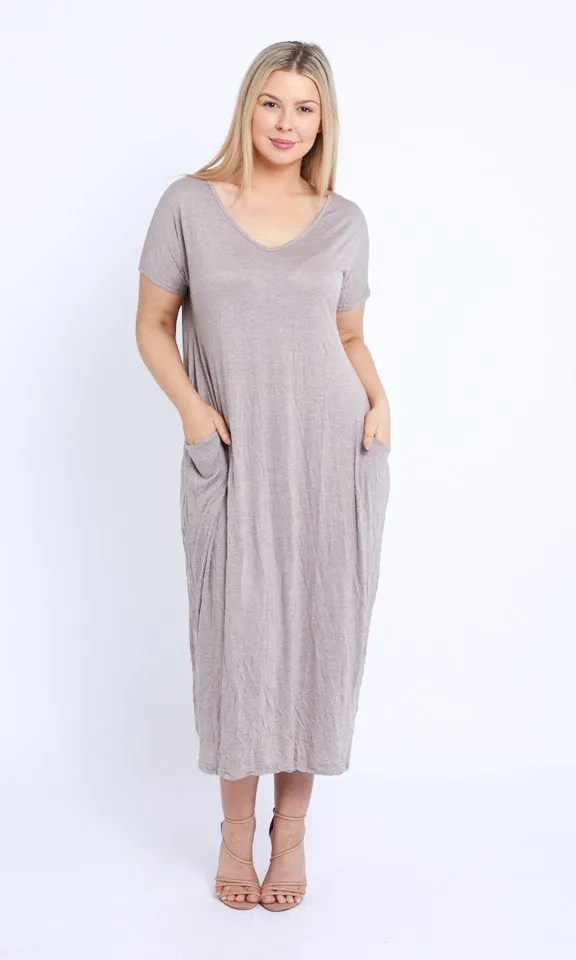 7643 Oat V-neck Pockets Cotton Dress