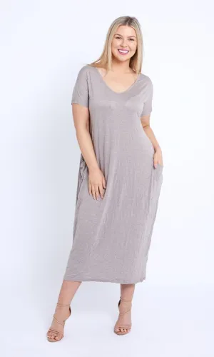 7643 Oat V-neck Pockets Cotton Dress