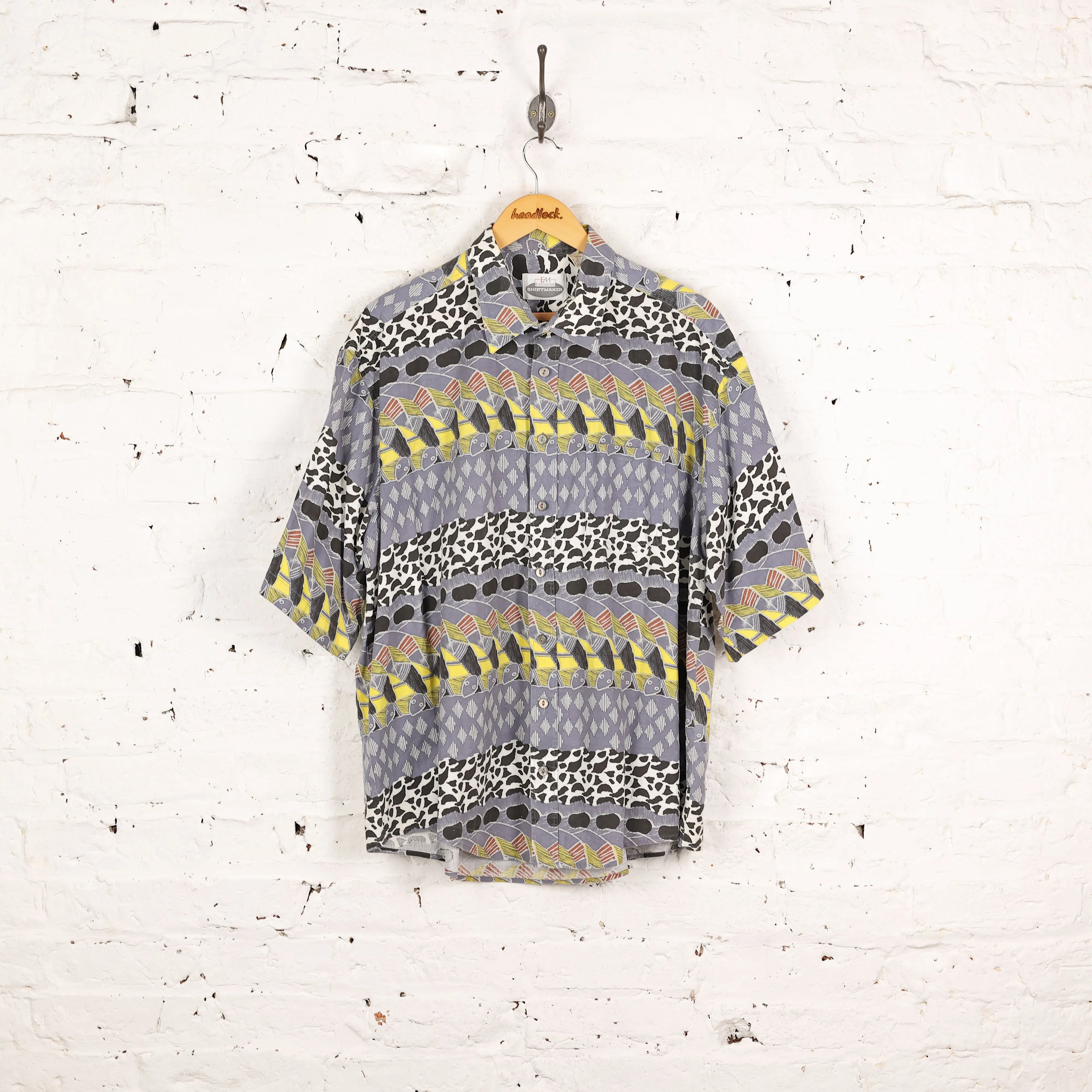 90s Short Sleeve Pattern Shirt - Blue - XL