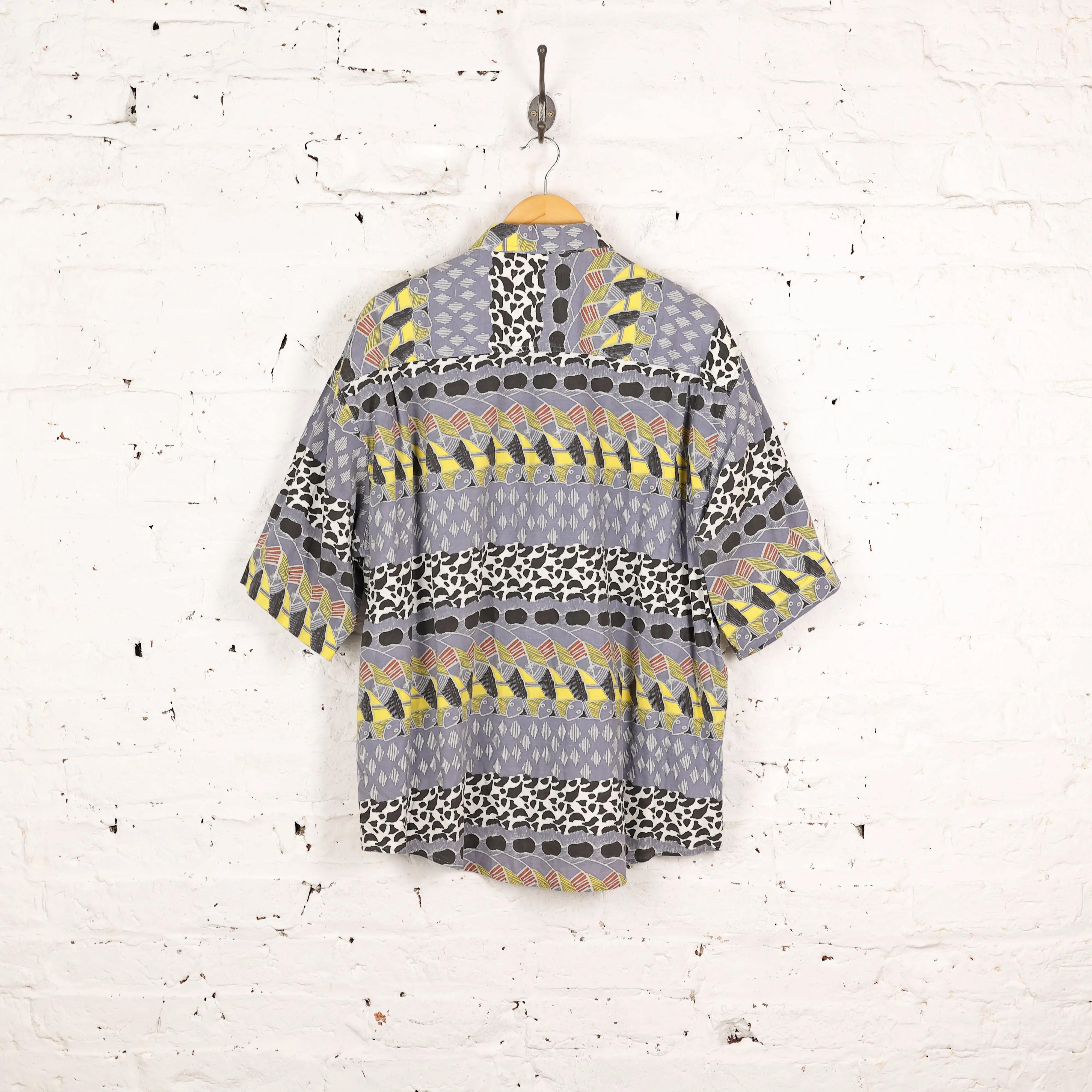 90s Short Sleeve Pattern Shirt - Blue - XL