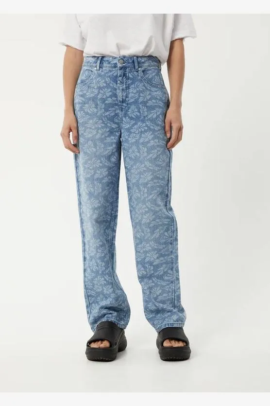 AFENDS SHELBY LONG - HEMP DENIM FLORAL WIDE LEG JEAN - FLORAL BLUE