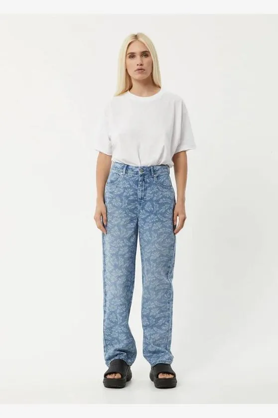 AFENDS SHELBY LONG - HEMP DENIM FLORAL WIDE LEG JEAN - FLORAL BLUE