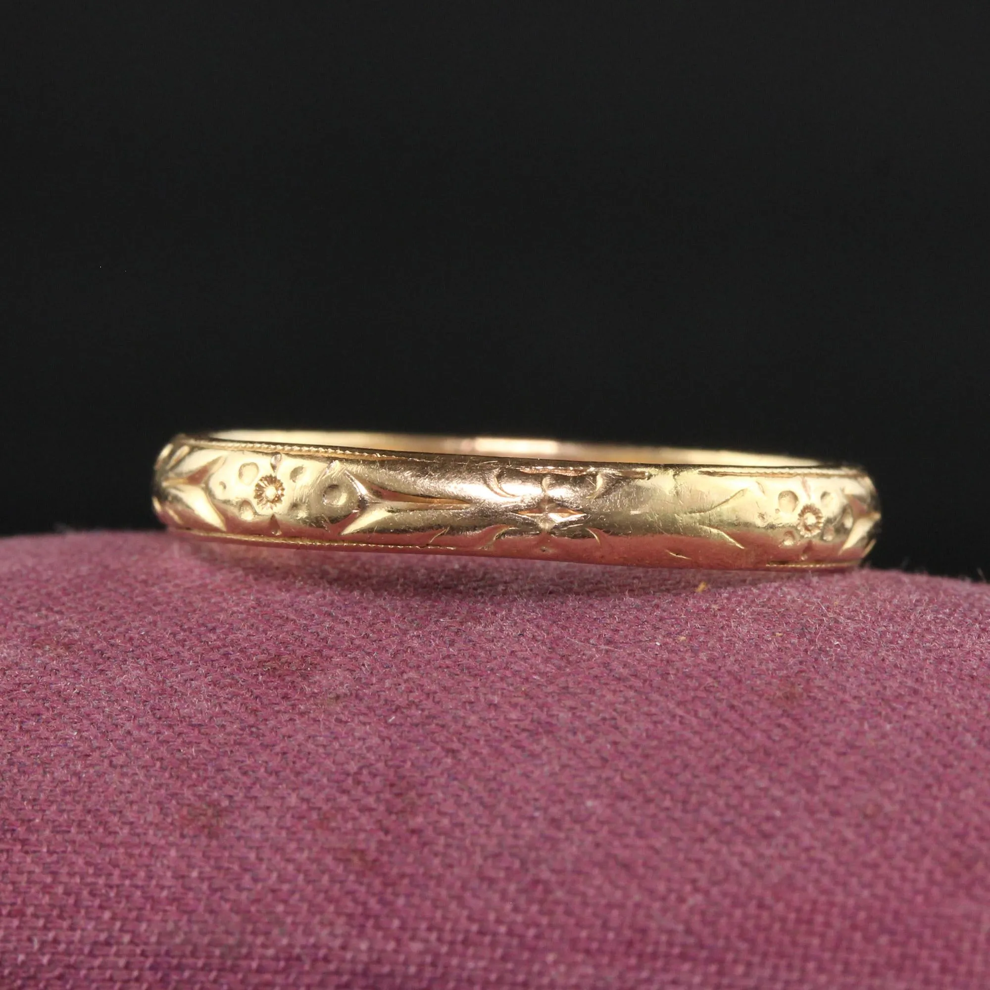 Antique Art Deco 14K Gold Floral Blossom Engraved Wedding Band - Size 11 3/4
