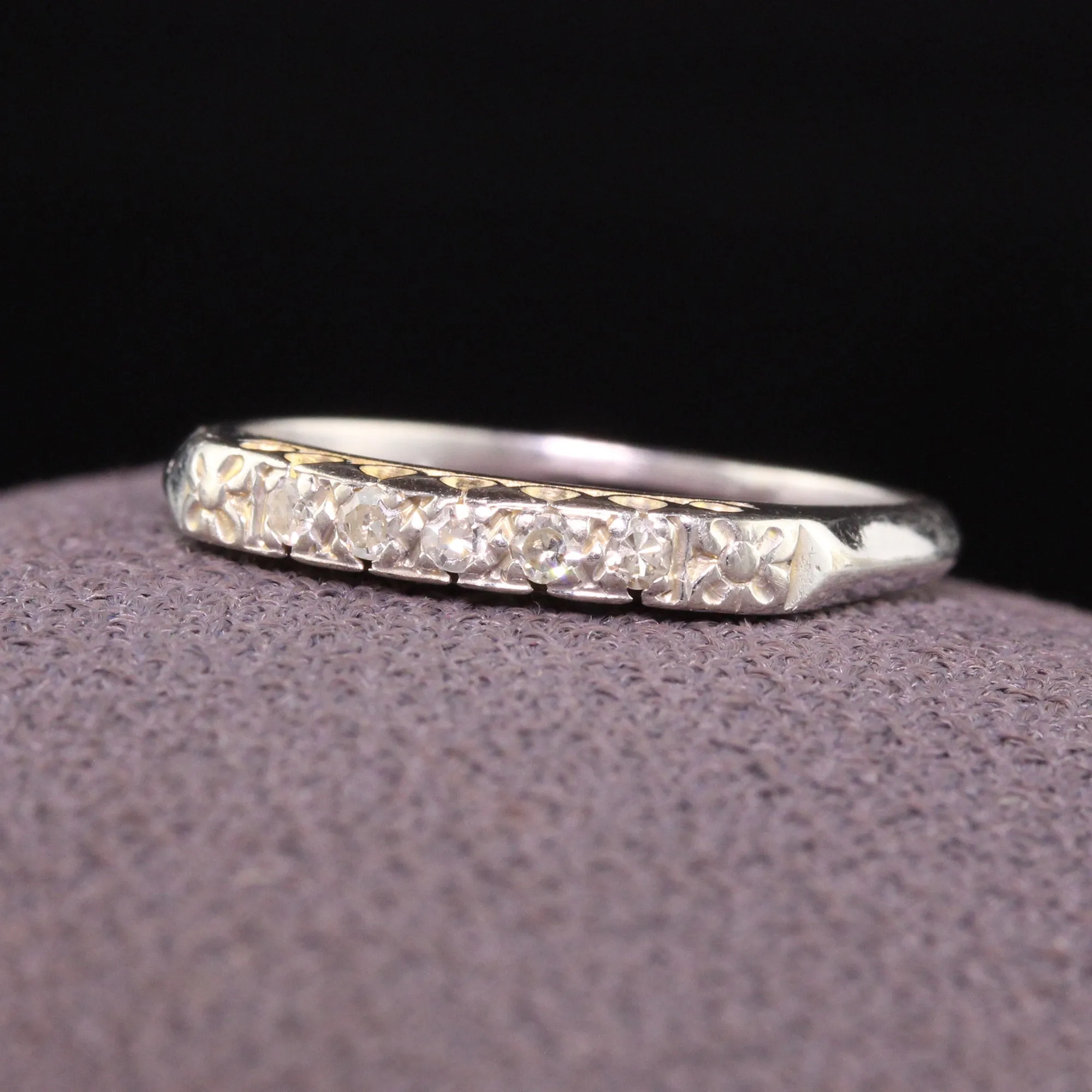 Antique Art Deco 14K White Gold Single Cut Diamond Wedding Band