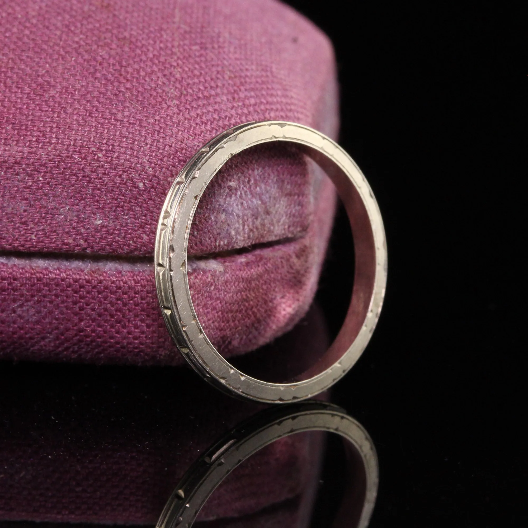 Antique Art Deco 18K White Gold Engraved Wedding Band - Size 6