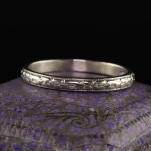 Antique Art Deco 18K White Gold Engraved Wedding Band - Size 7 3/4
