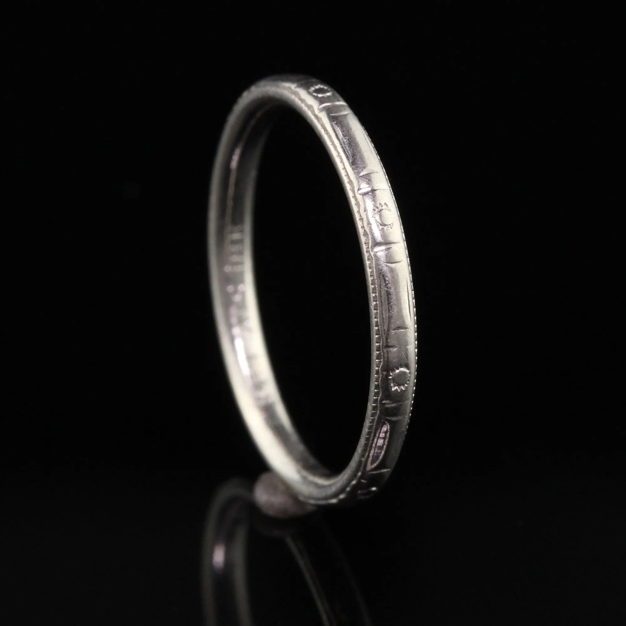 Antique Art Deco Belais 18K White Gold Engraved Wedding Band - Size 5