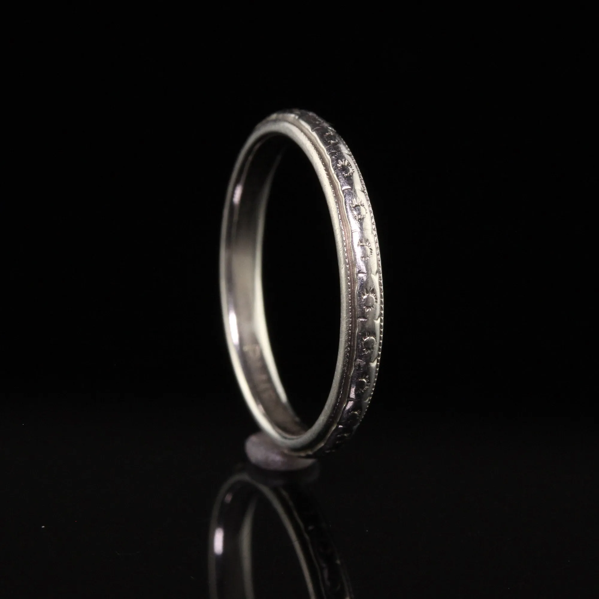 Antique Art Deco Belais 18K White Gold Engraved Wedding Band - Size 5
