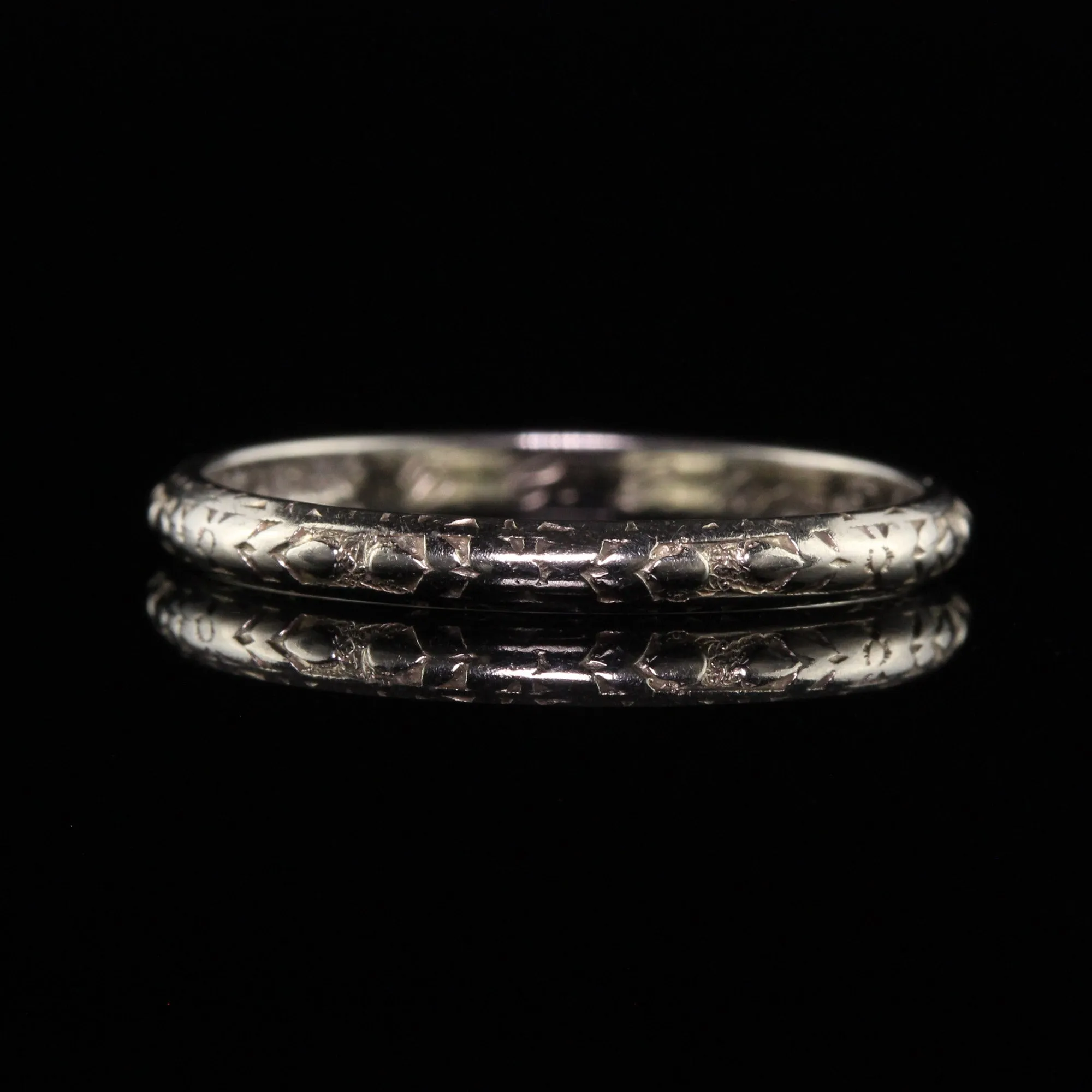 Antique Art Deco Belais 18K White Gold Engraved Wedding Band - Size 6