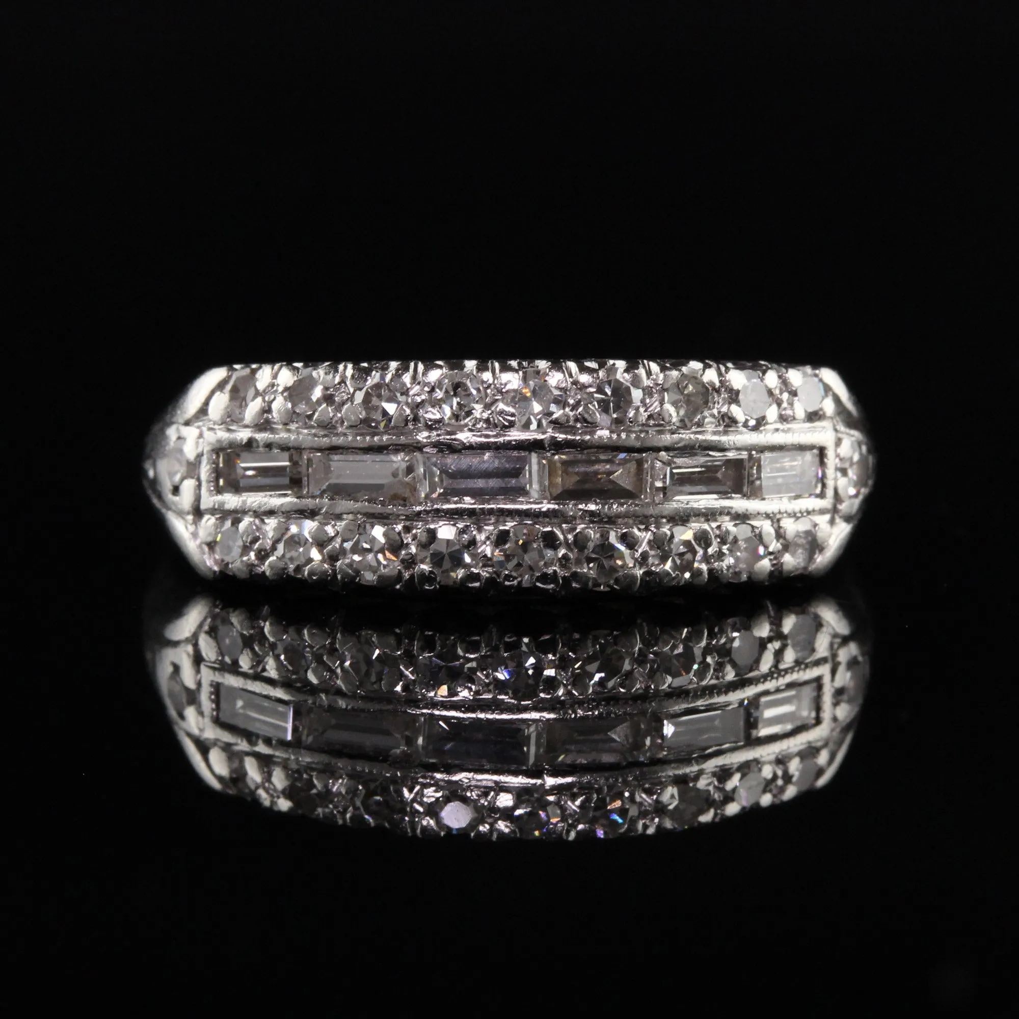 Antique Art Deco Platinum Baguette and Single Cut Diamond Wedding Band