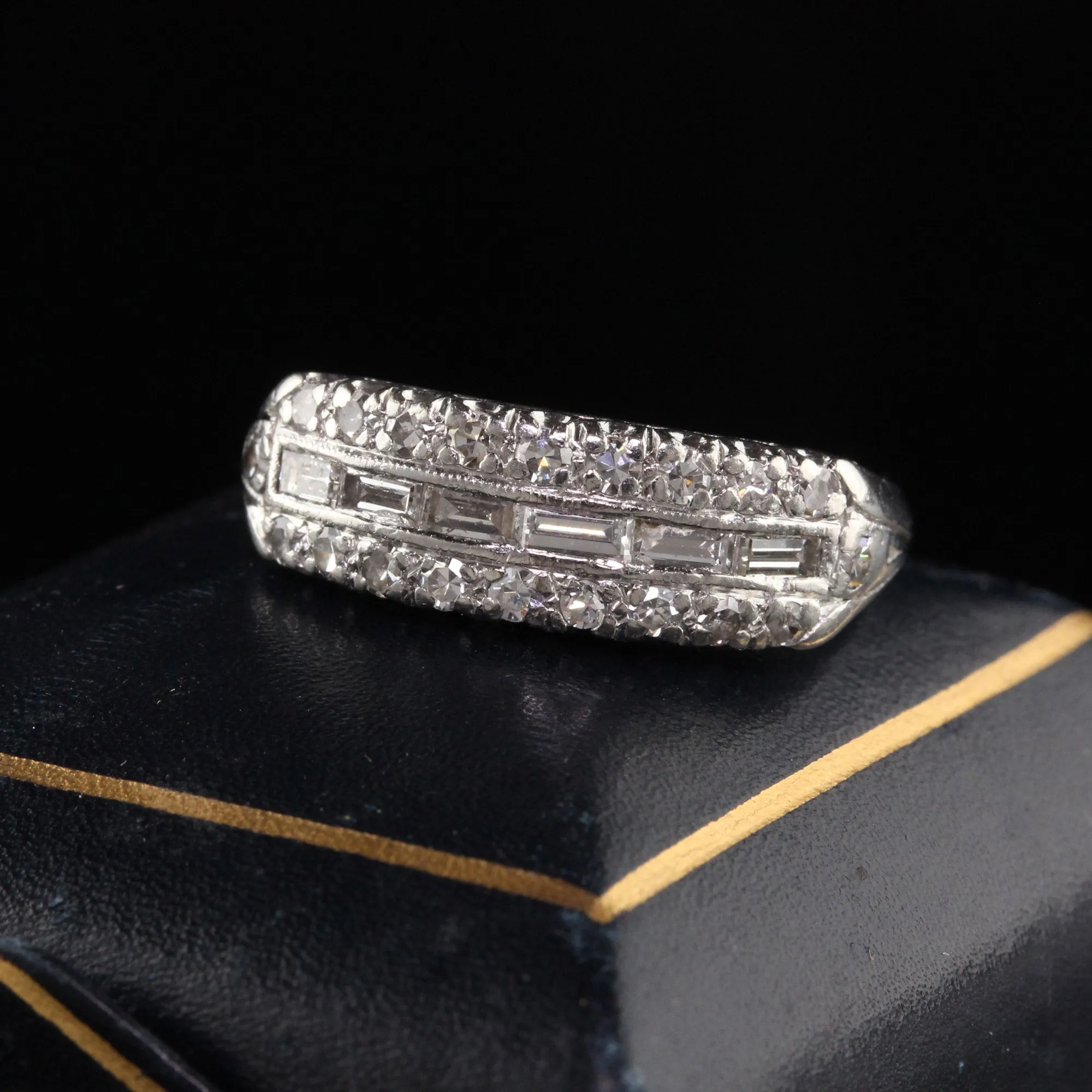 Antique Art Deco Platinum Baguette and Single Cut Diamond Wedding Band