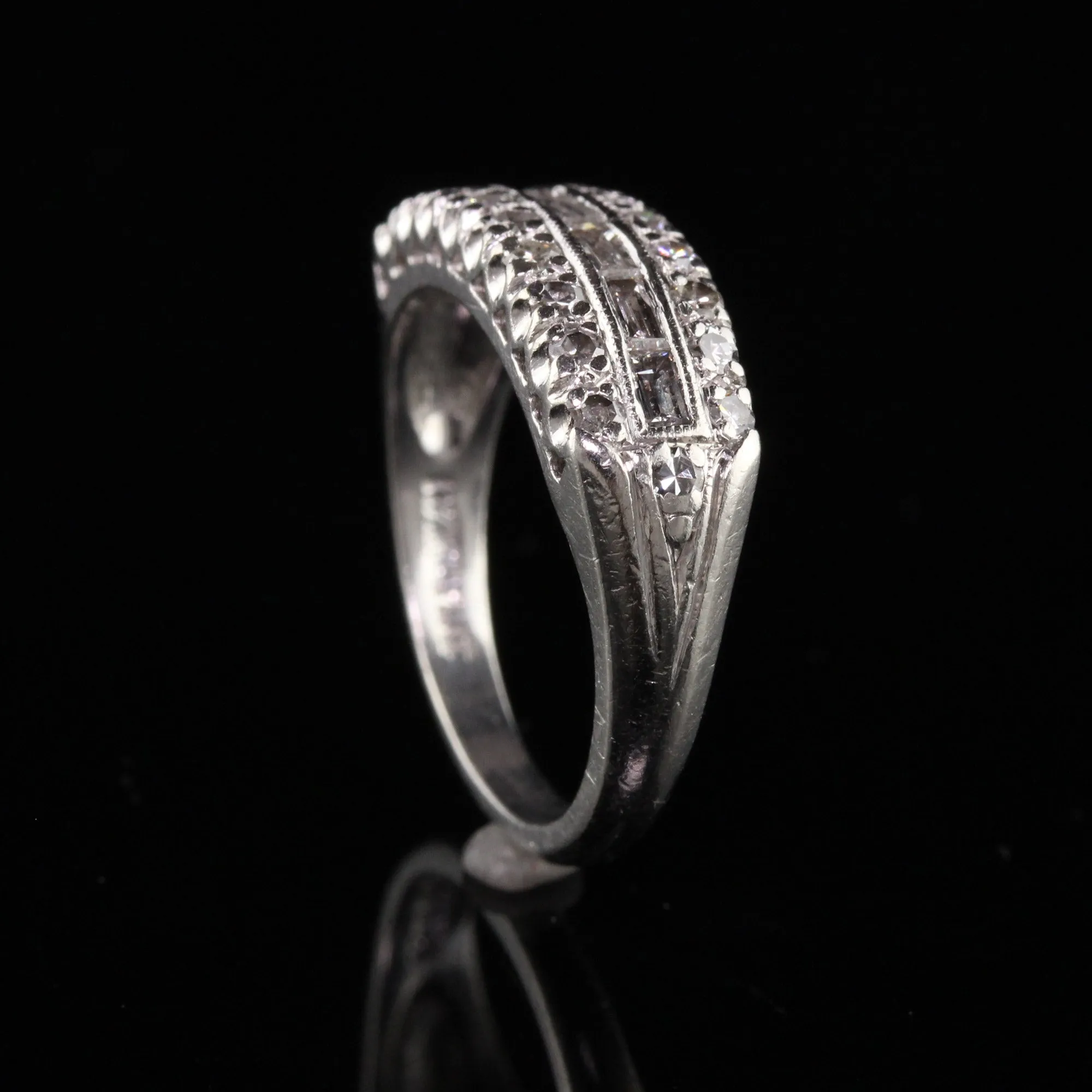 Antique Art Deco Platinum Baguette and Single Cut Diamond Wedding Band