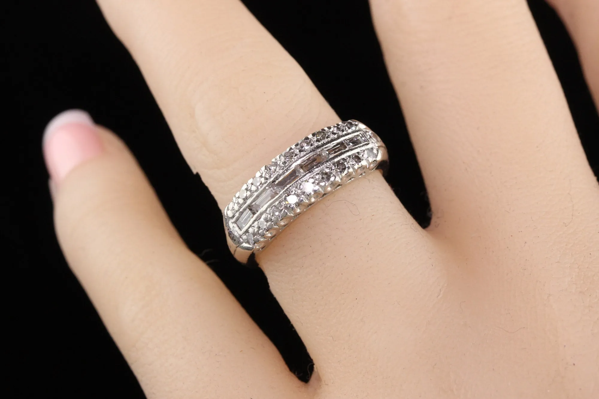 Antique Art Deco Platinum Baguette and Single Cut Diamond Wedding Band