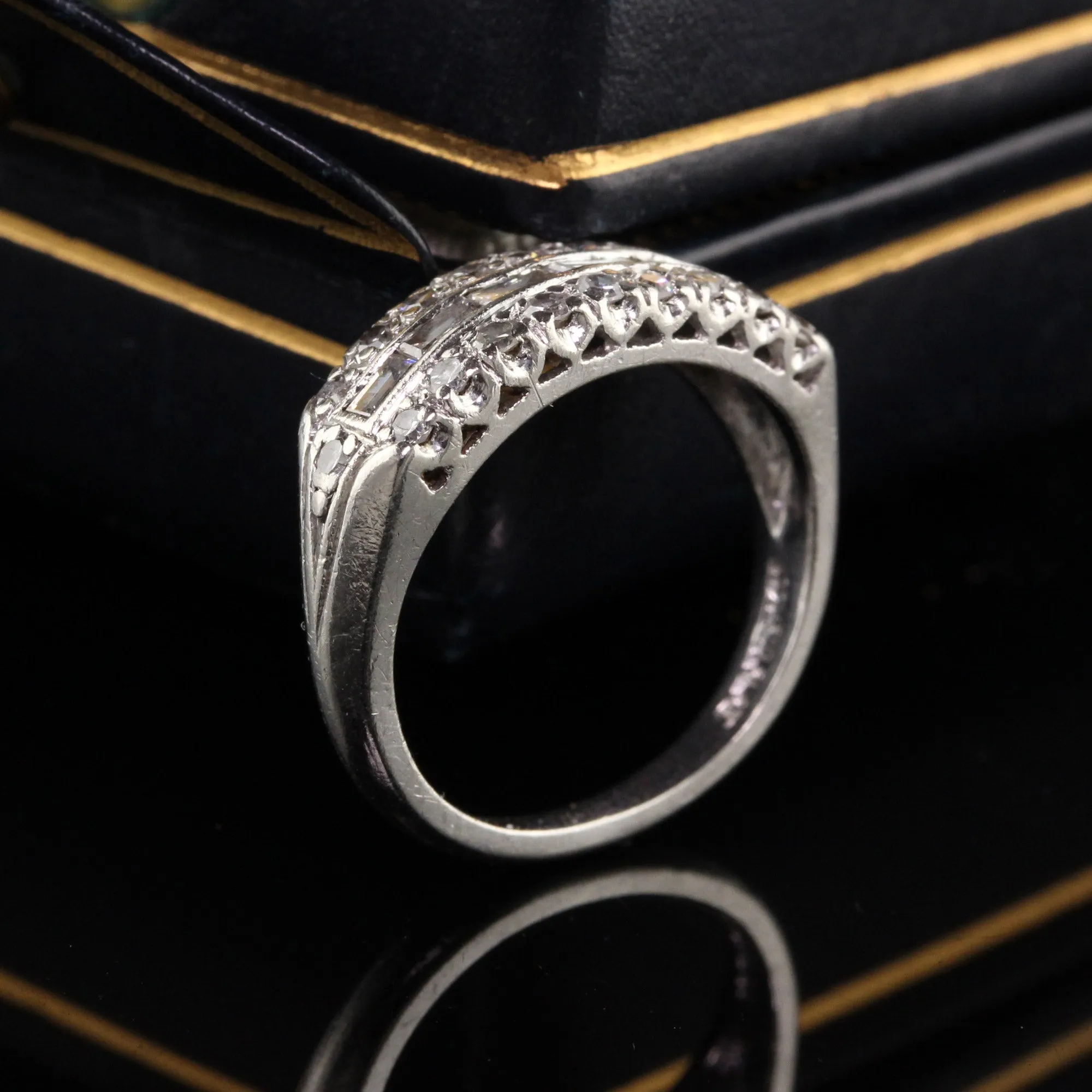Antique Art Deco Platinum Baguette and Single Cut Diamond Wedding Band