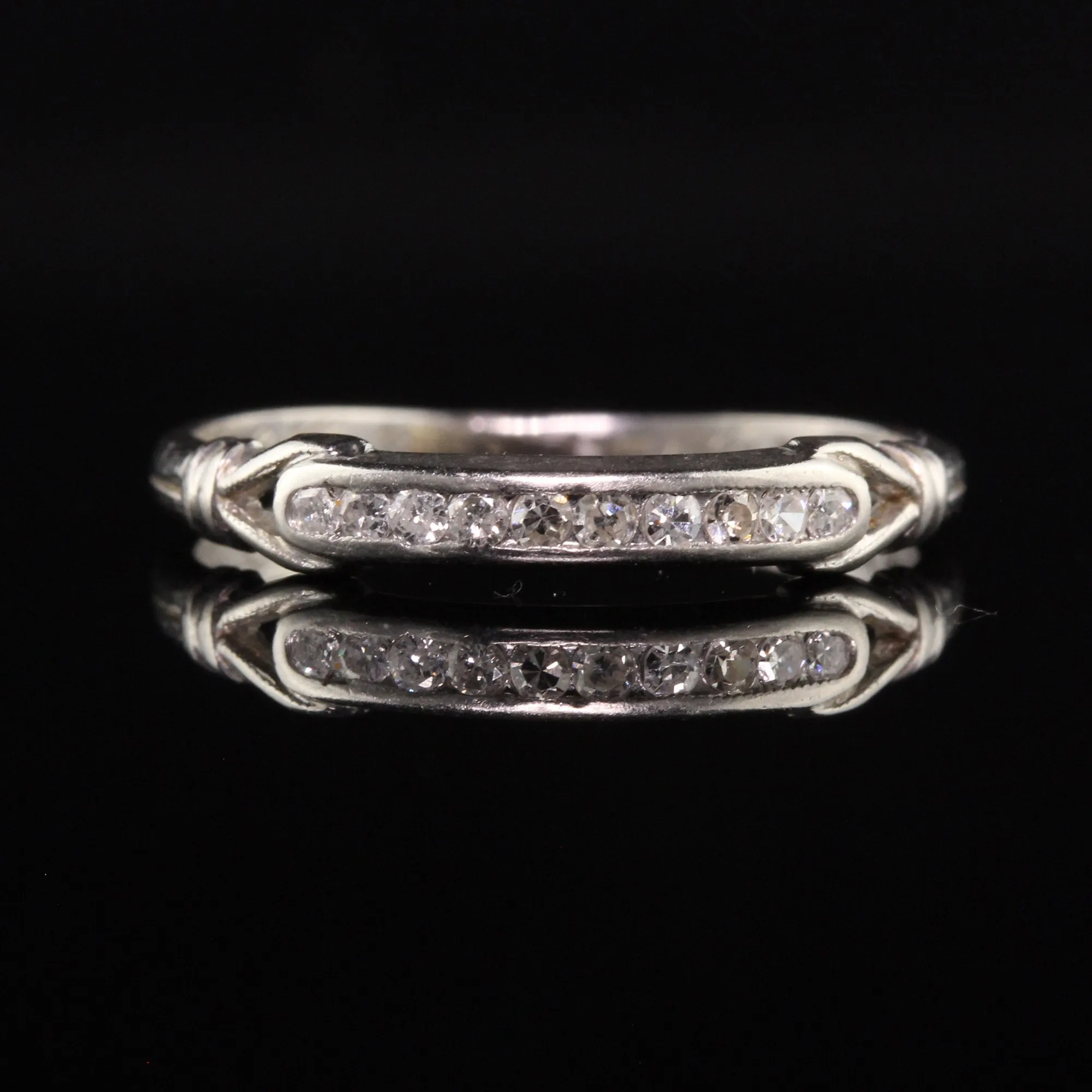 Antique Art Deco Platinum Single Cut Diamond Engraved Wedding Band