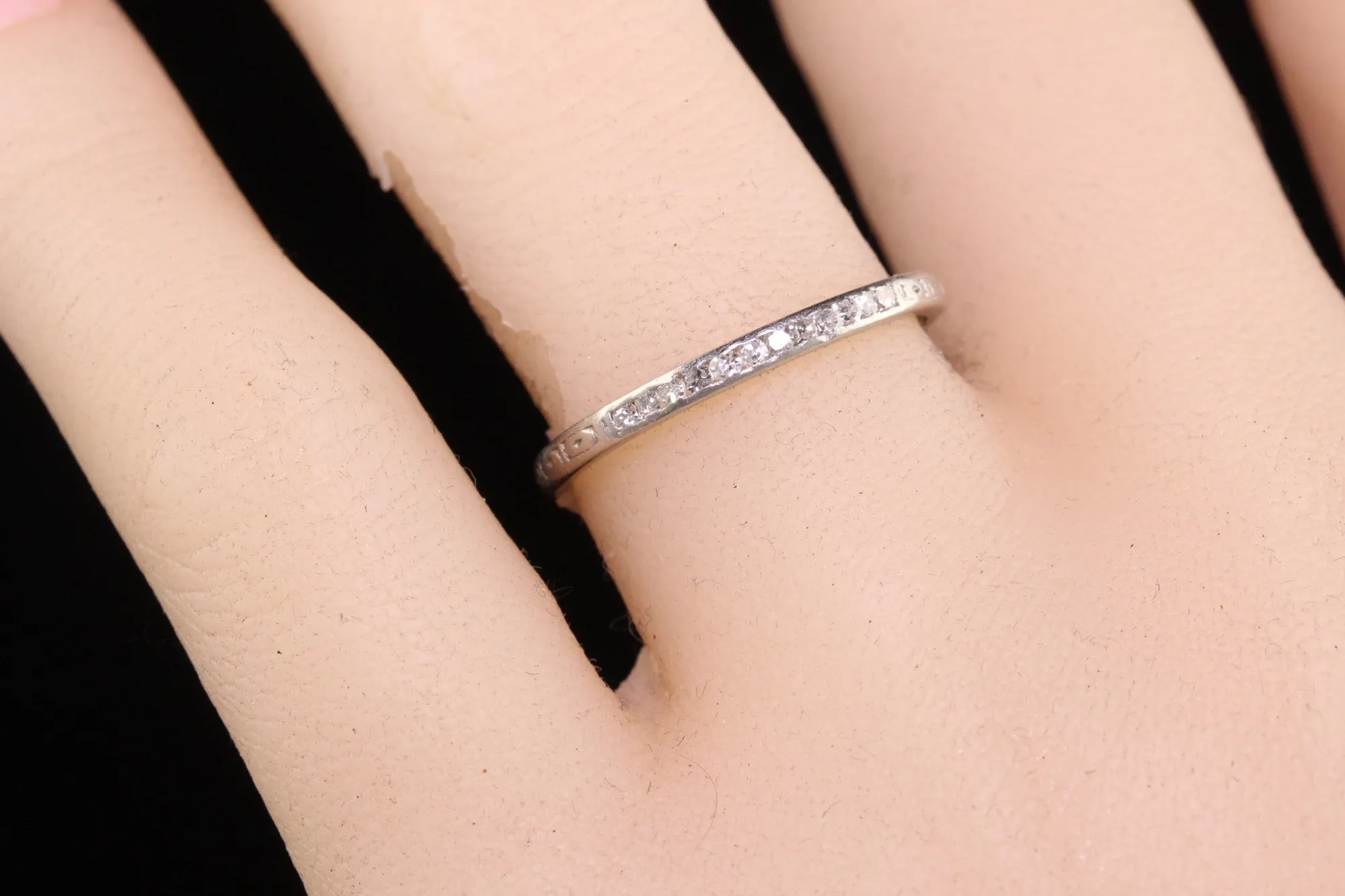 Antique Art Deco Platinum Single Cut Diamond Engraved Wedding Band