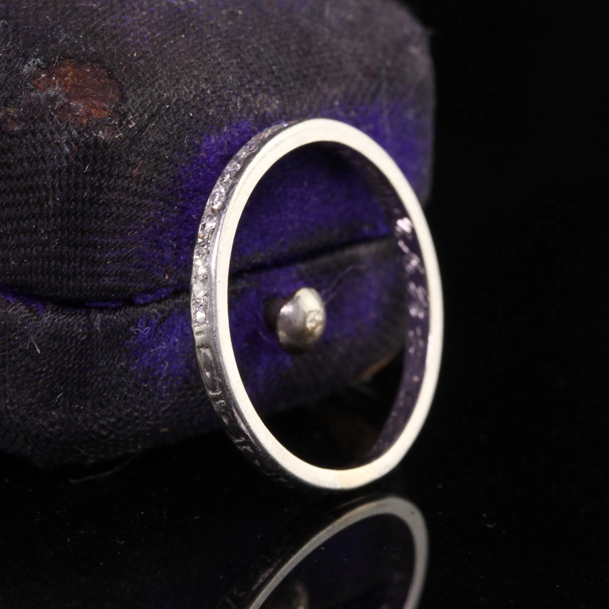 Antique Art Deco Platinum Single Cut Diamond Engraved Wedding Band
