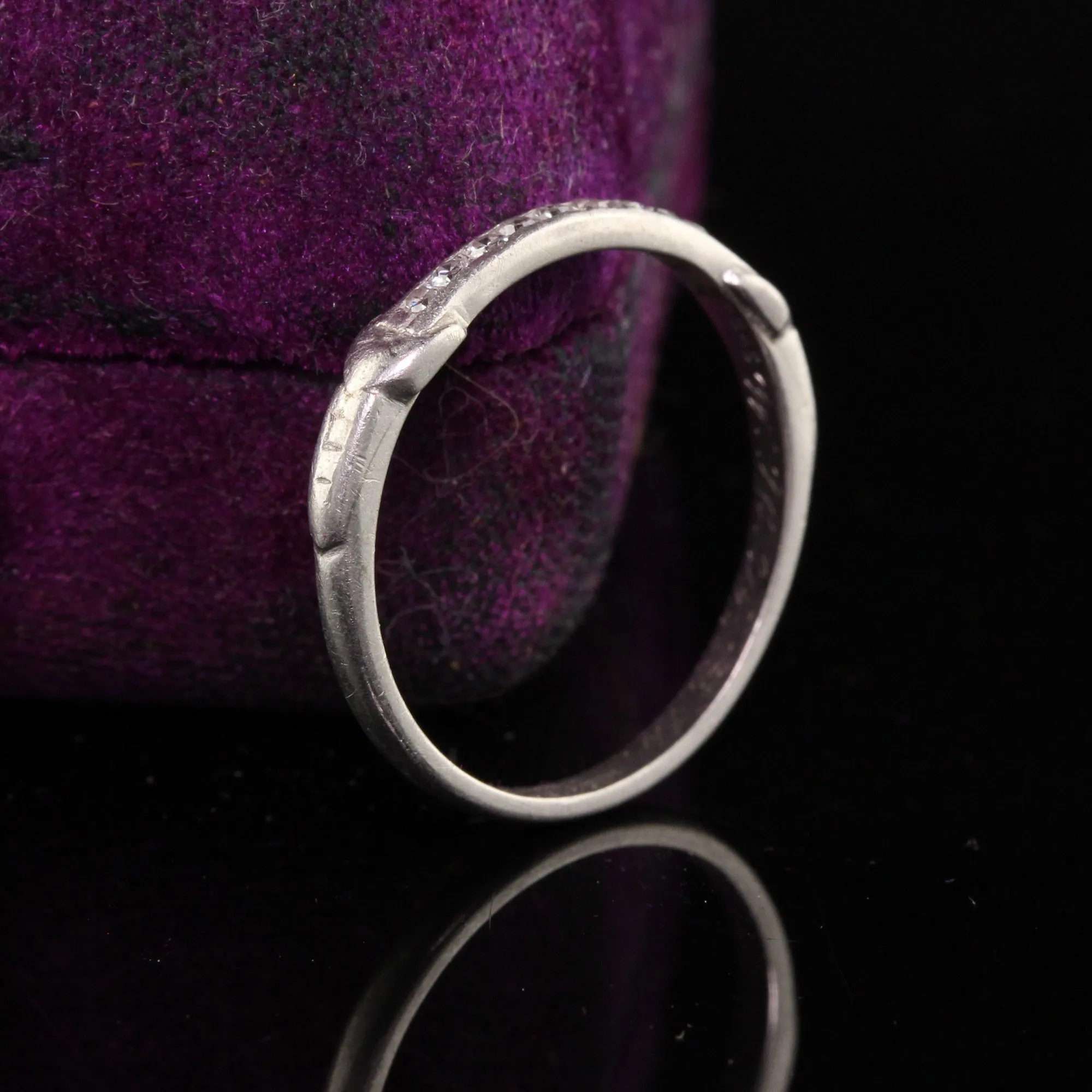 Antique Art Deco Platinum Single Cut Diamond Engraved Wedding Band