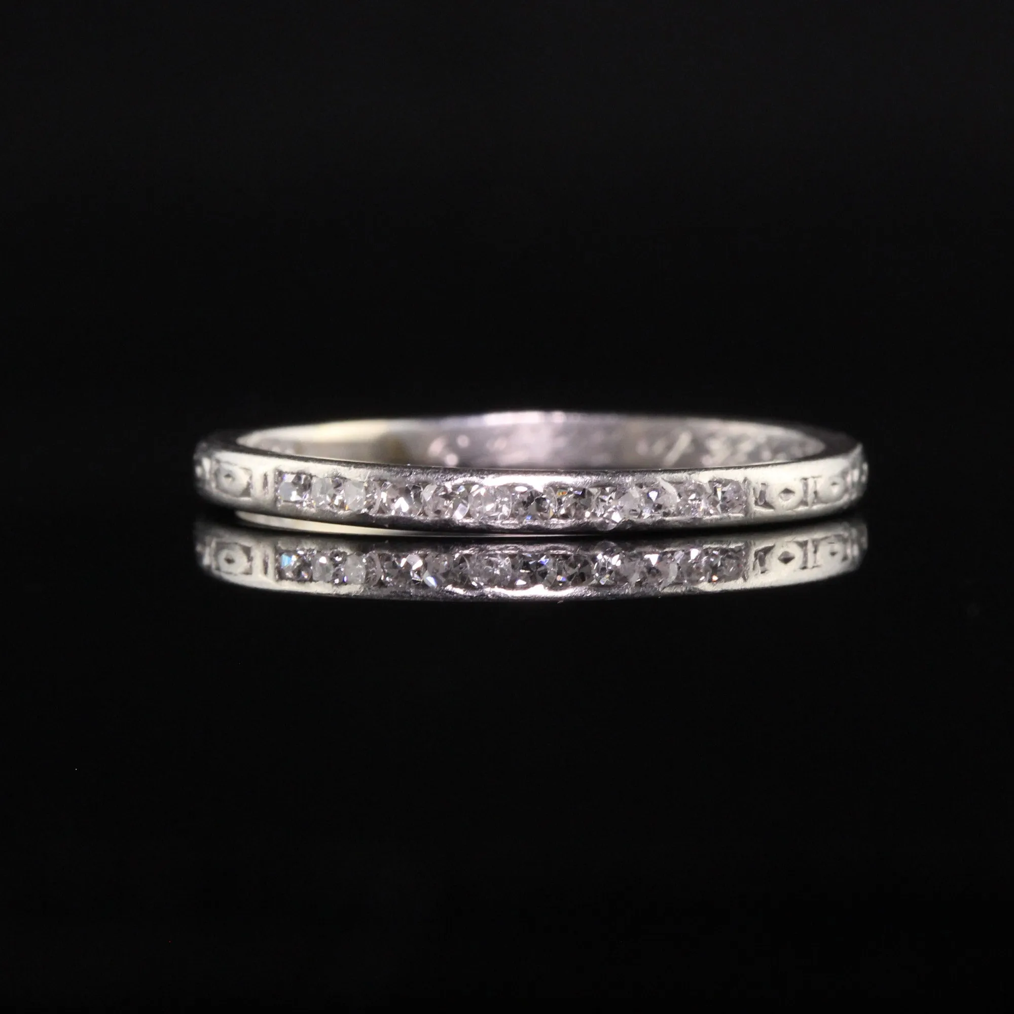 Antique Art Deco Platinum Single Cut Diamond Engraved Wedding Band