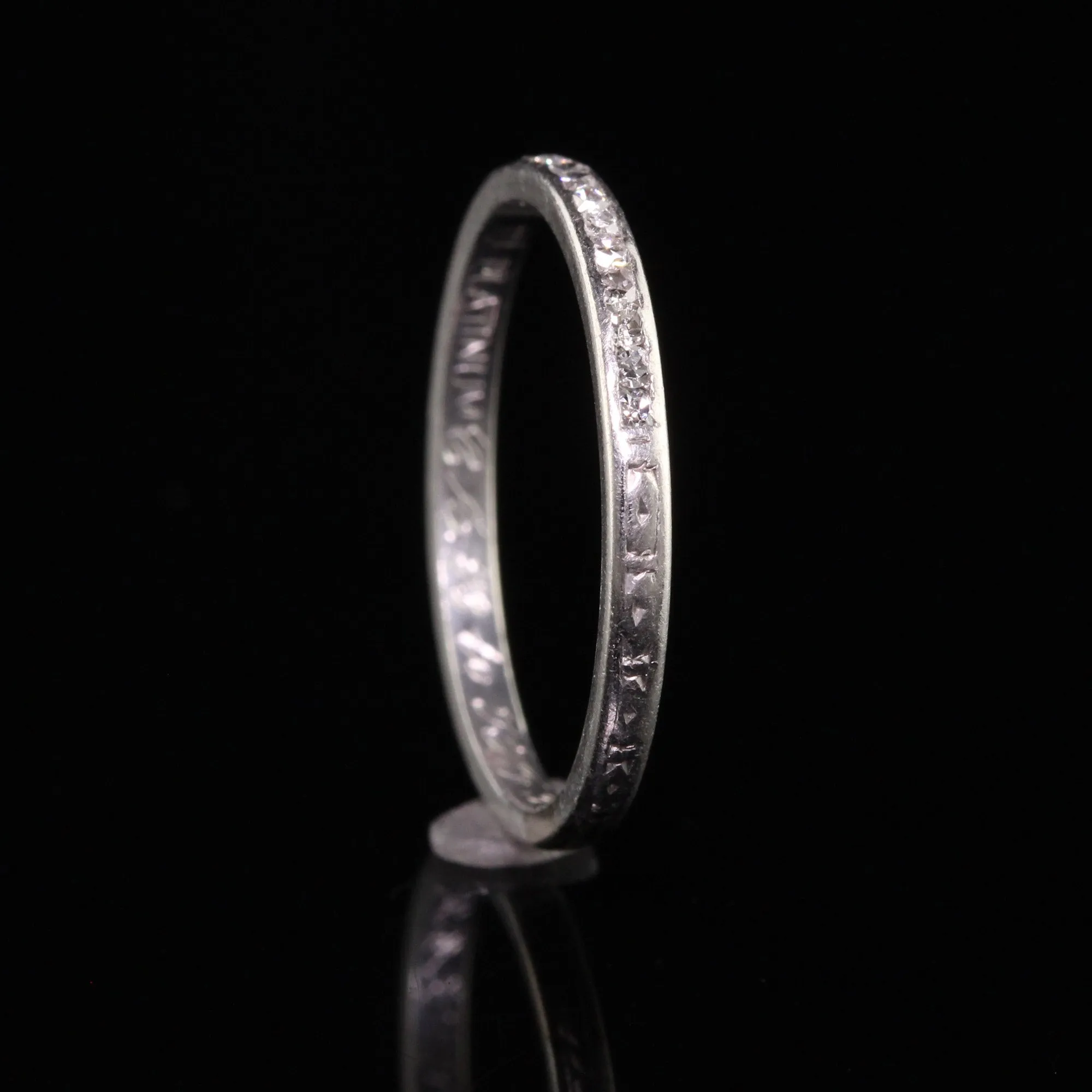 Antique Art Deco Platinum Single Cut Diamond Engraved Wedding Band