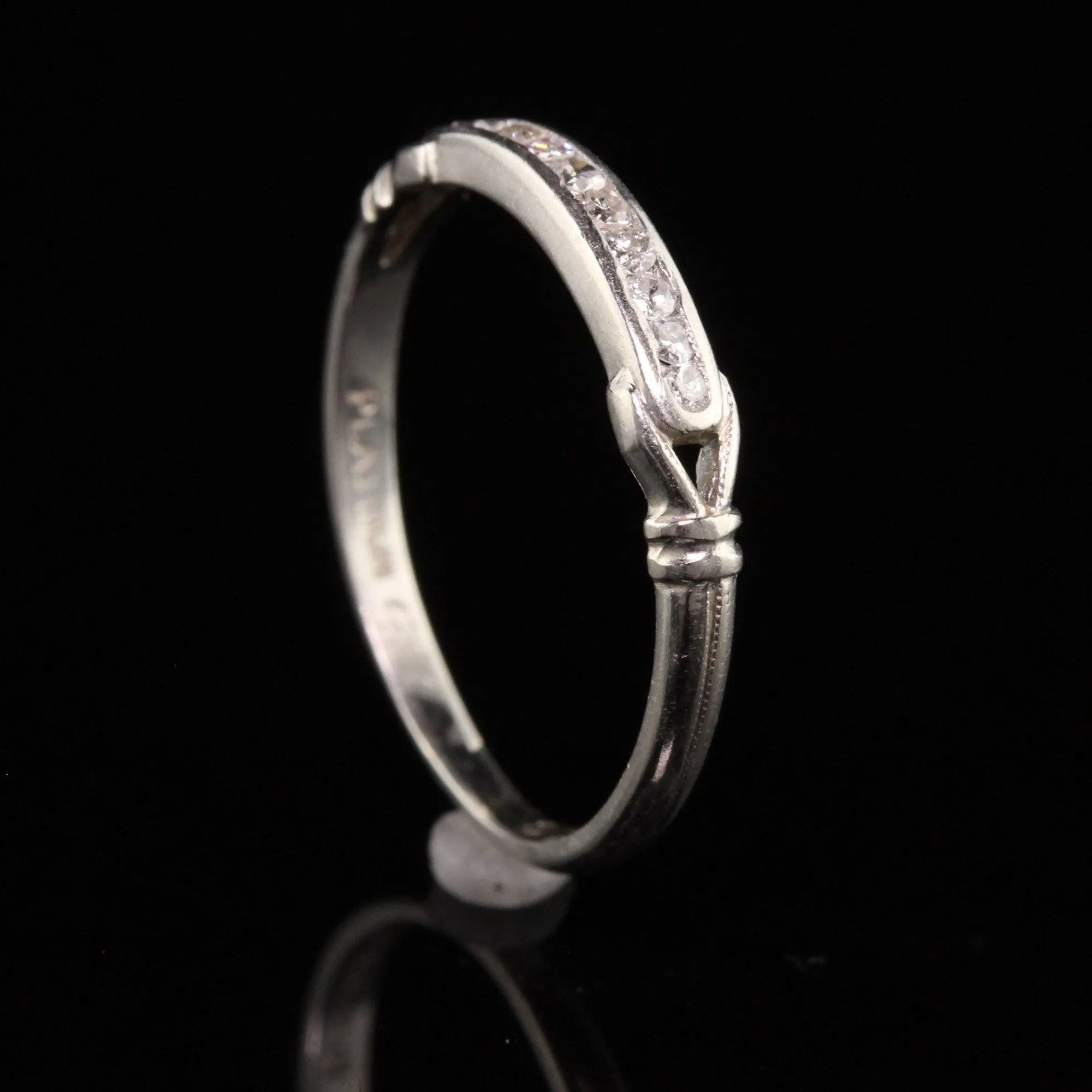 Antique Art Deco Platinum Single Cut Diamond Engraved Wedding Band