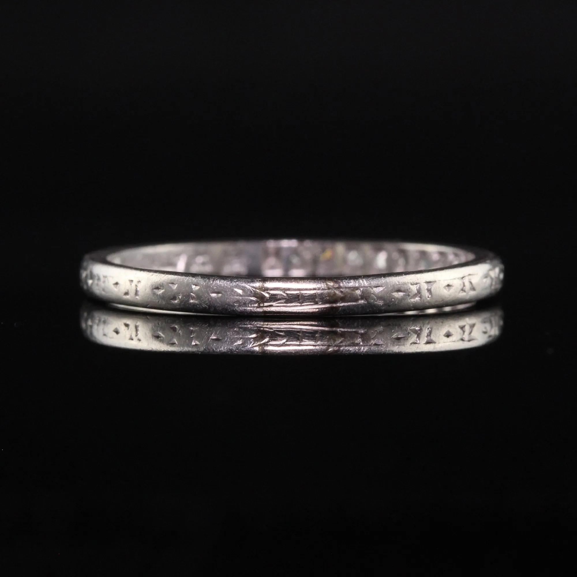 Antique Art Deco Platinum Single Cut Diamond Engraved Wedding Band