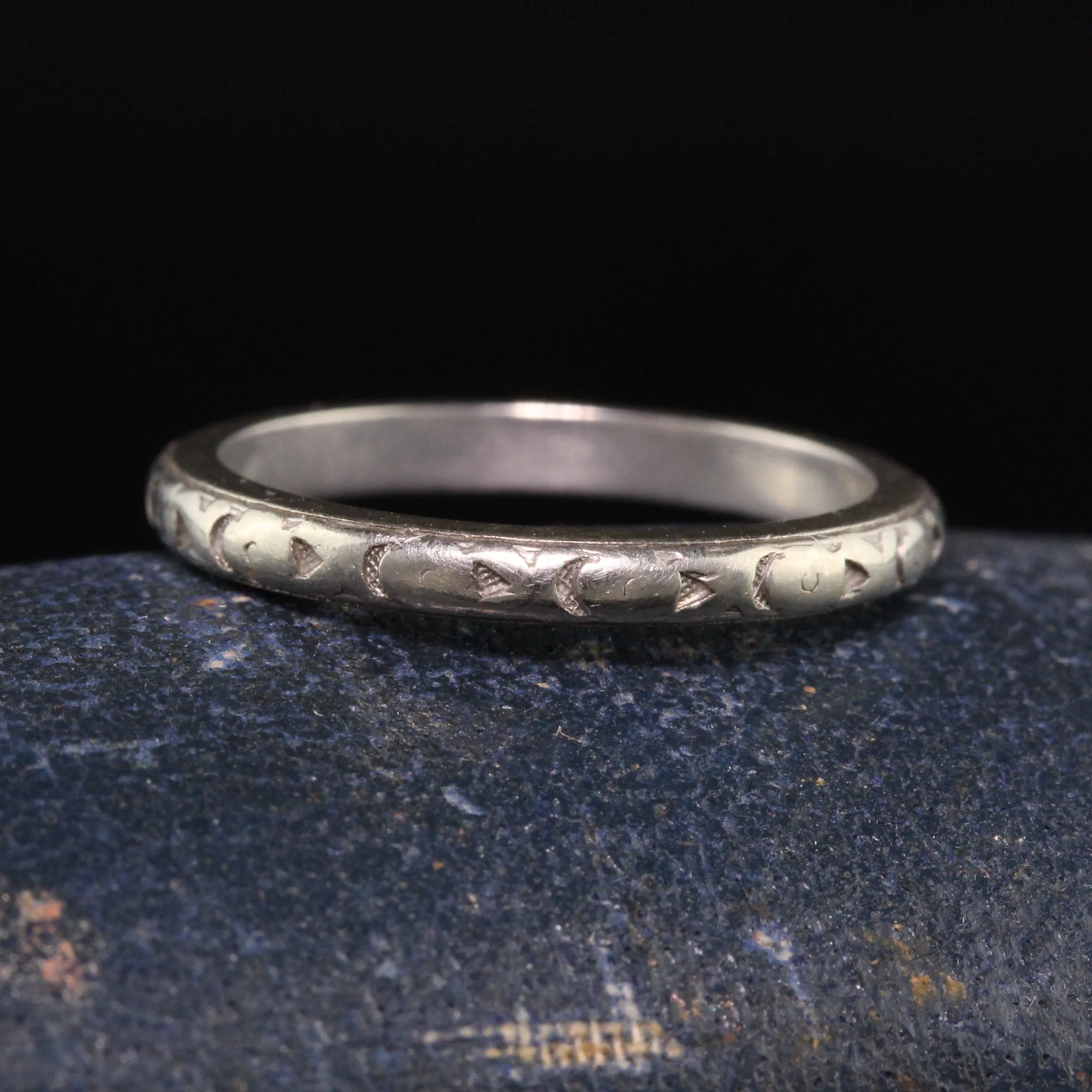 Antique Art Deco Priscilla Platinum 18K White Gold Engraved Wedding Band