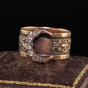 Antique Victorian 10K Yellow Gold Old Mine Diamond Crescent Ring