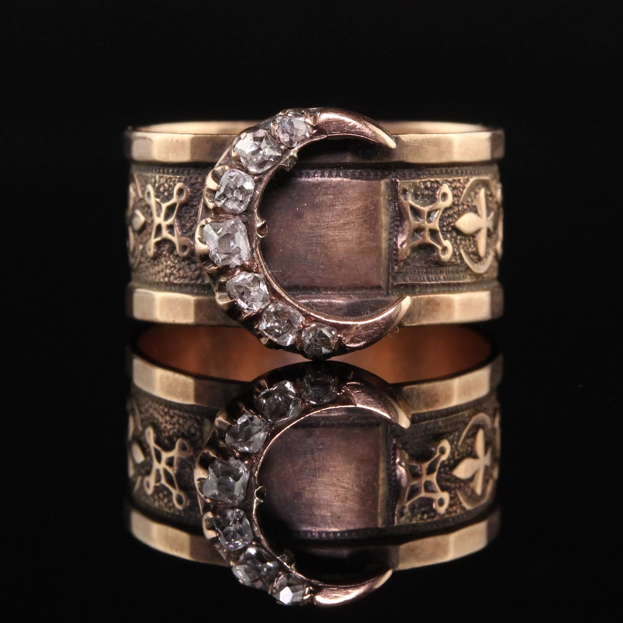 Antique Victorian 10K Yellow Gold Old Mine Diamond Crescent Ring