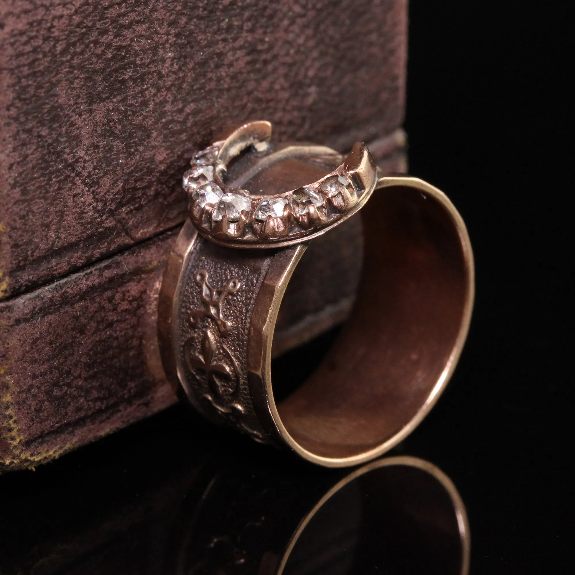 Antique Victorian 10K Yellow Gold Old Mine Diamond Crescent Ring