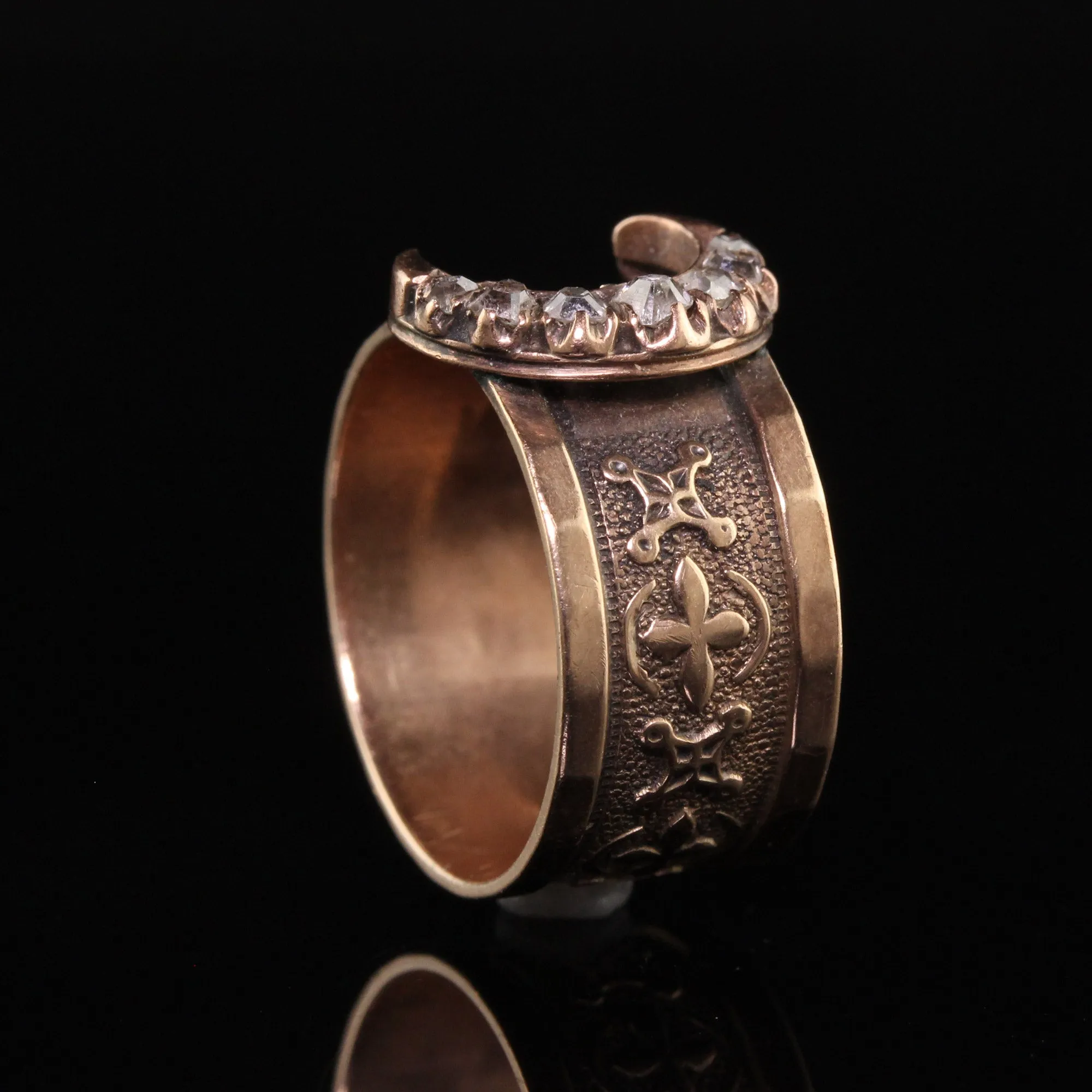 Antique Victorian 10K Yellow Gold Old Mine Diamond Crescent Ring