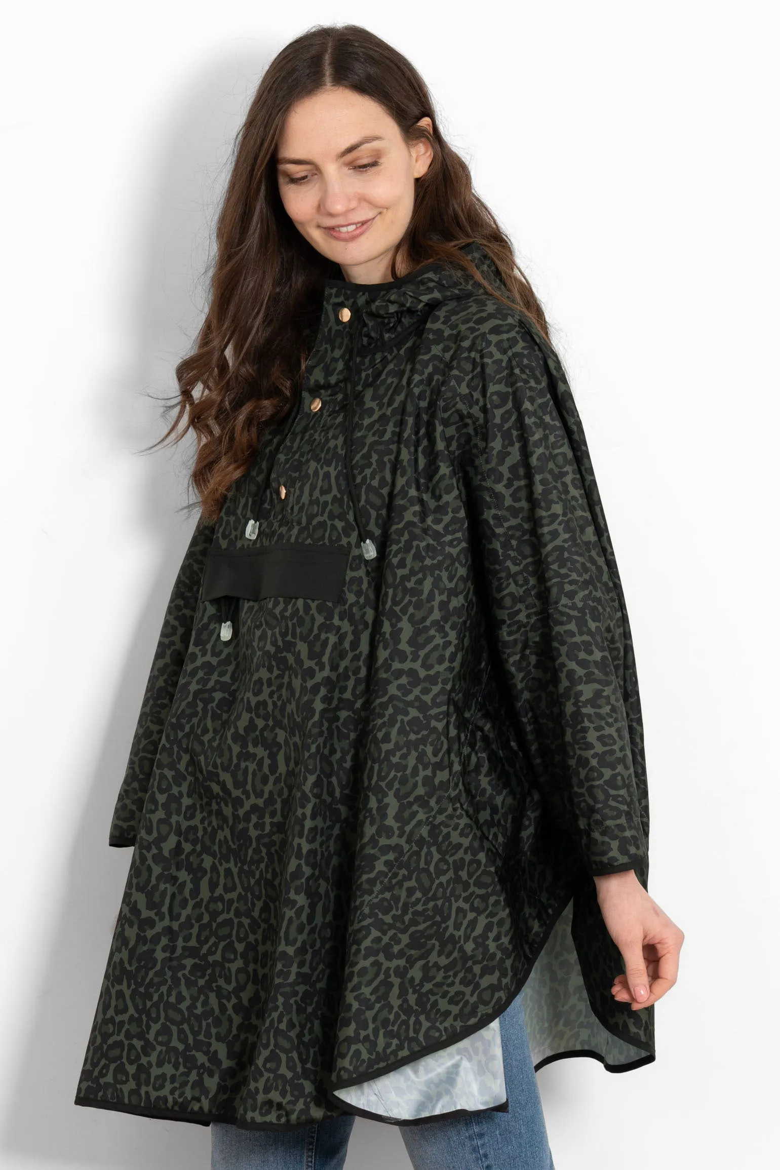 Aspen Rain Poncho - Khaki/Black, Leopard Print