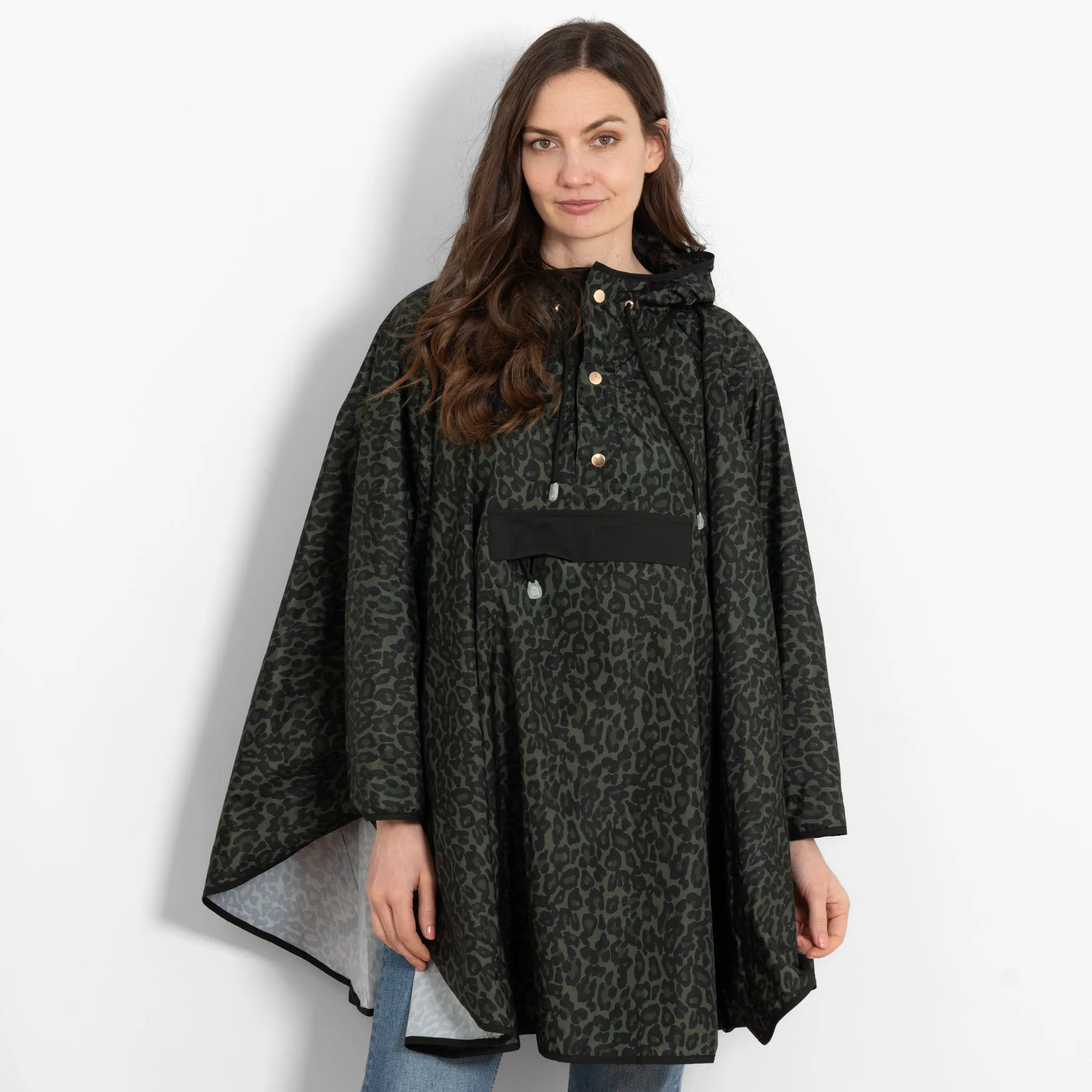 Aspen Rain Poncho - Khaki/Black, Leopard Print