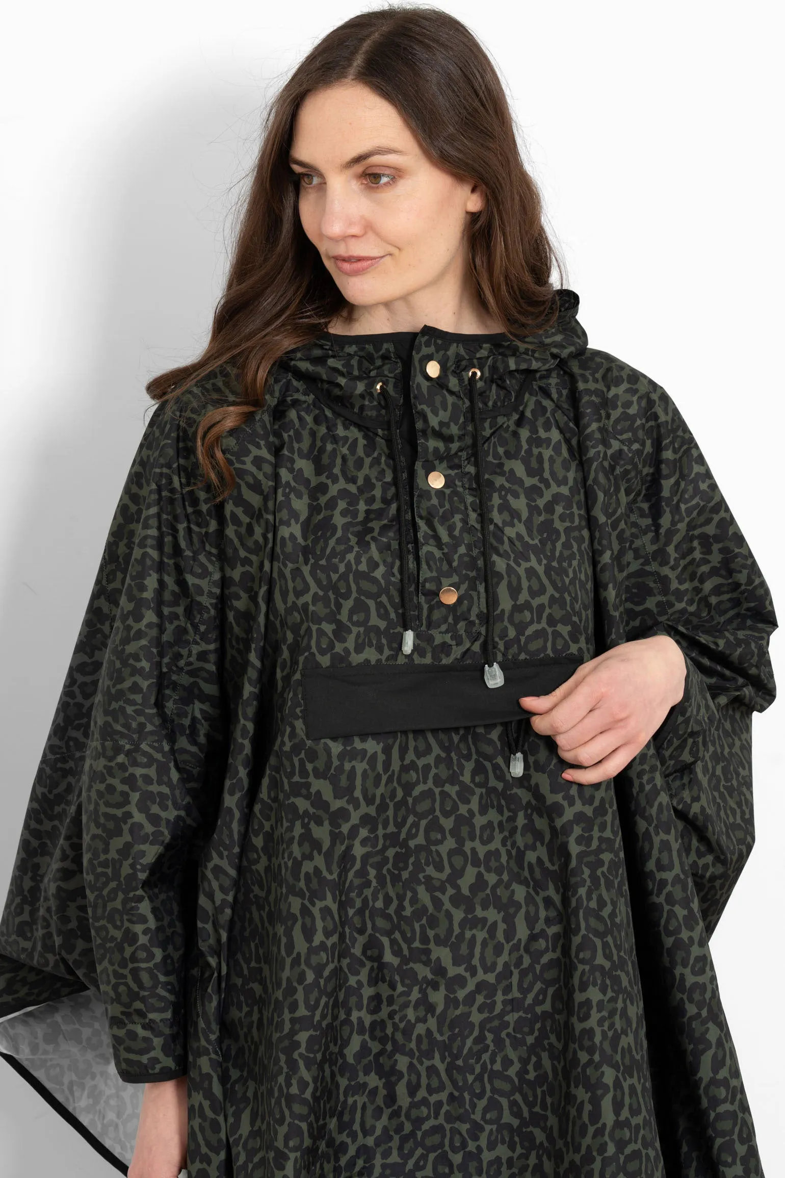 Aspen Rain Poncho - Khaki/Black, Leopard Print