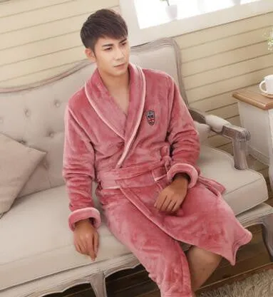 Autumn winter thick long flannel robe male coral fleece bathrobe lengthen men plus size brand long-sleeve sleepwear