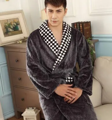 Autumn winter thick long flannel robe male coral fleece bathrobe lengthen men plus size brand long-sleeve sleepwear