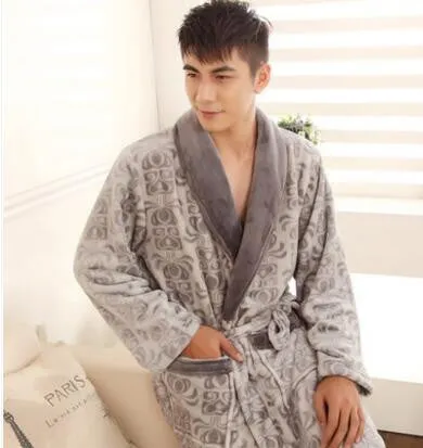 Autumn winter thick long flannel robe male coral fleece bathrobe lengthen men plus size brand long-sleeve sleepwear