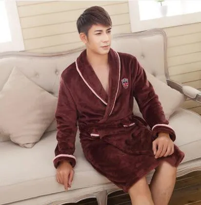 Autumn winter thick long flannel robe male coral fleece bathrobe lengthen men plus size brand long-sleeve sleepwear