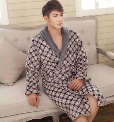 Autumn winter thick long flannel robe male coral fleece bathrobe lengthen men plus size brand long-sleeve sleepwear
