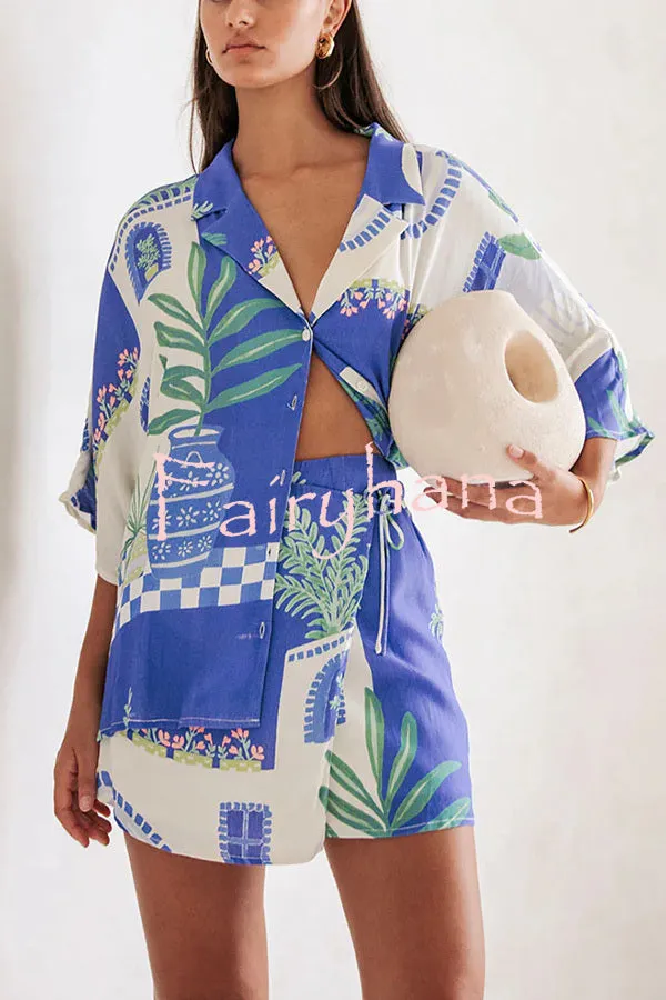 Balmy Summer Nights Unique Print Loose Shirt and Elastic Waist Wrap Lace-up Skirt Set