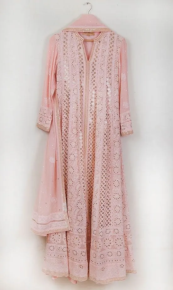 Beautiful Pure Georgette Handwork Chikankari Pink Anarkali Suit