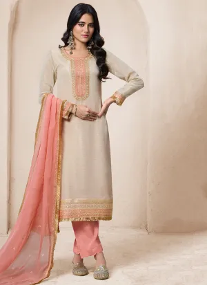 Beige And Peach Traditional Embroidery Salwar Kameez Suit