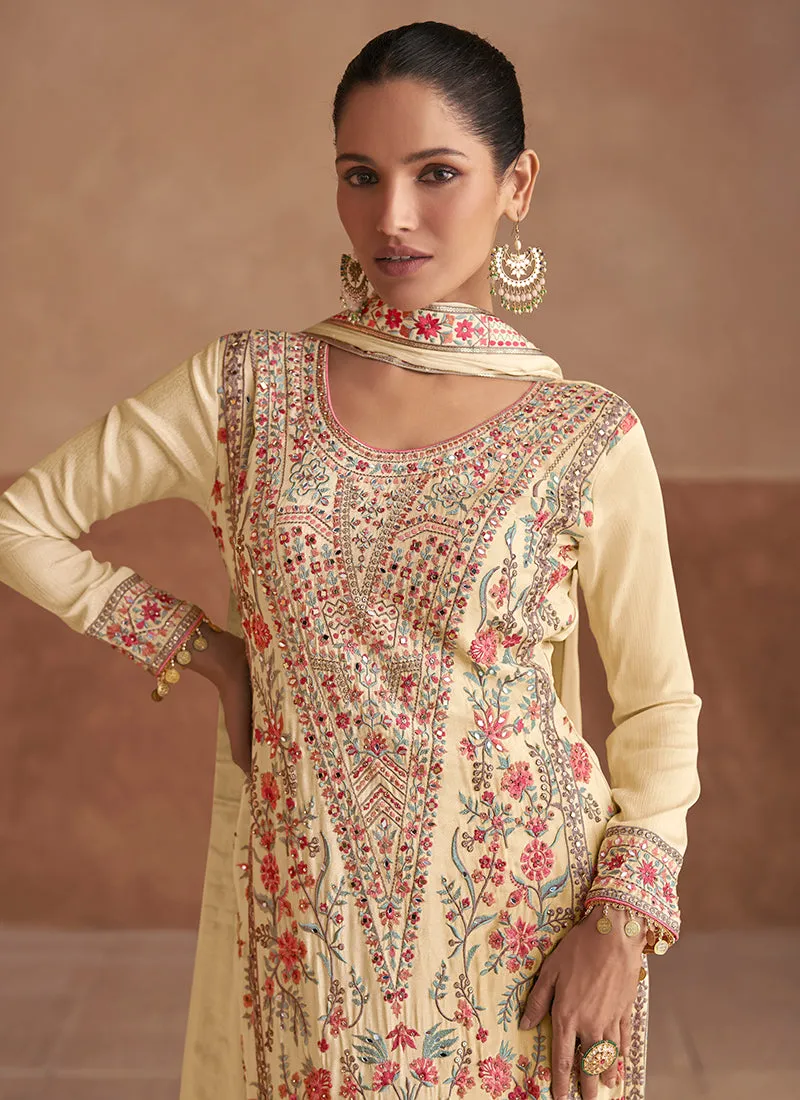 Beige Multicoloured Embroidery Festive Palazzo Suit