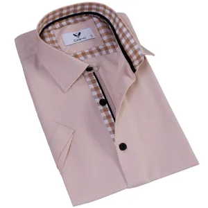 Beige Nova Plaid Men's Short Sleeves Shirt- Tailored Slim Fit Cotton Dress Shirts
