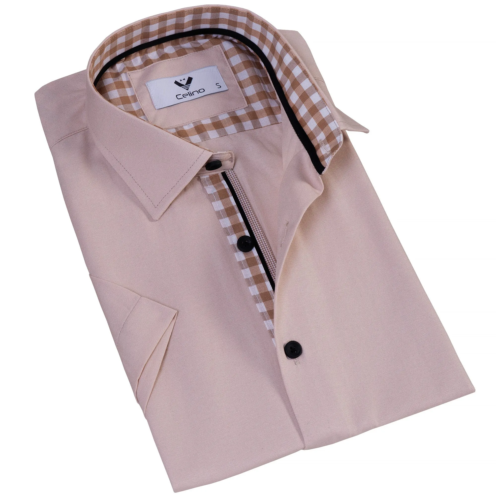 Beige Nova Plaid Men's Short Sleeves Shirt- Tailored Slim Fit Cotton Dress Shirts