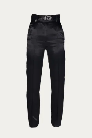 BELTED TAPERED SATIN PANTS